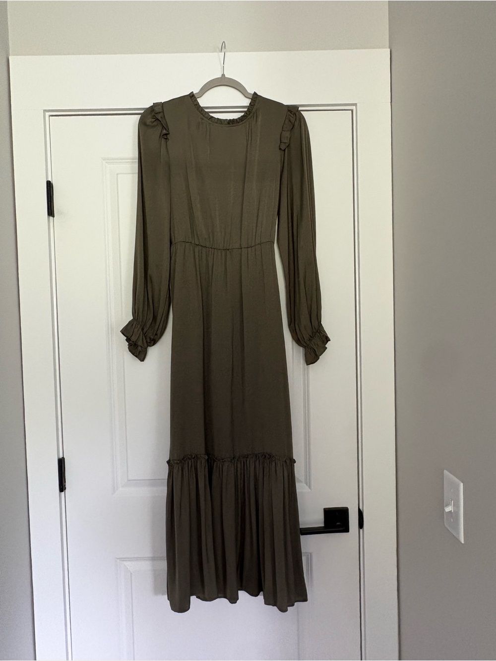 Women’s Olive Long Sleeve Midi Dress with Ruffle Accents